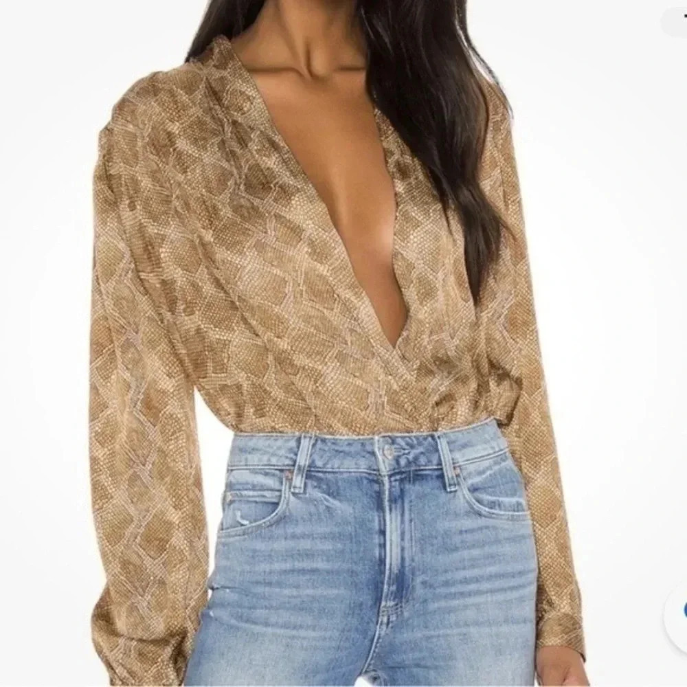Paige Womens Sevilla Bodysuit Snake Long Sleeve V Neck Wrap